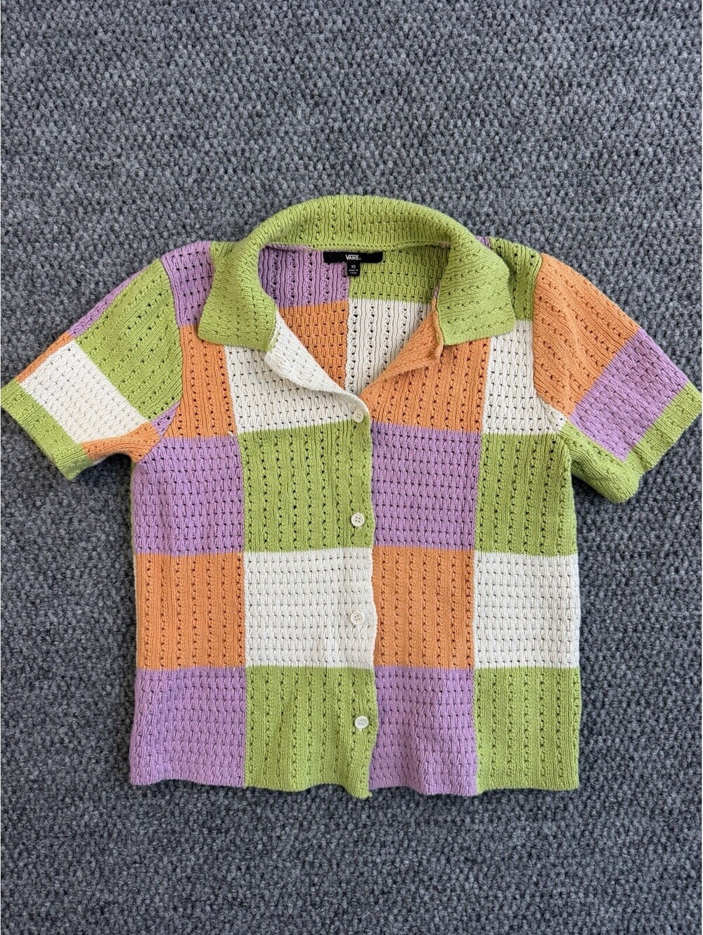 Vans XS Crochet Knit Checkerboard Button Front Camp Shirt Pastel Women’s